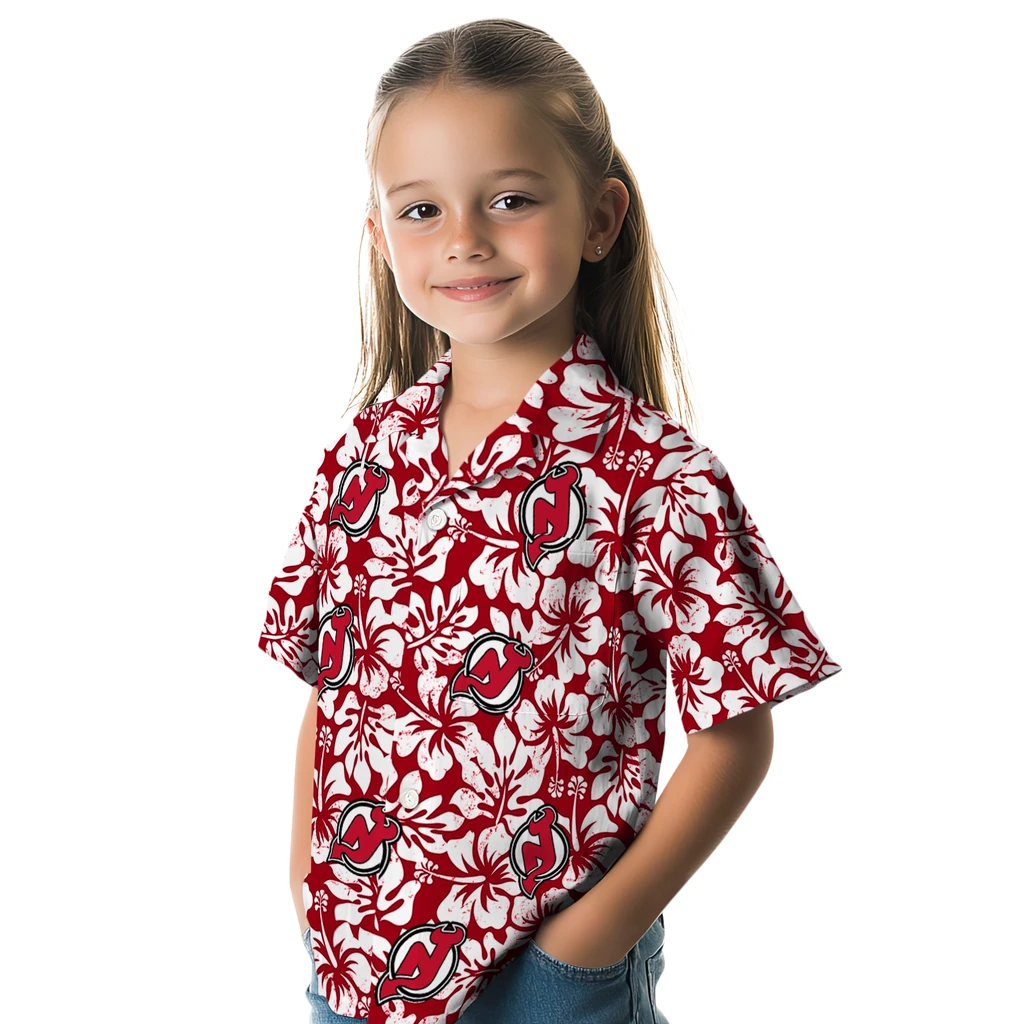 New Jersey Devils Hawaiian Shirt - Hibiscus Motif new jersey devils hibiscus motif red white hawaiian shirts premium grade