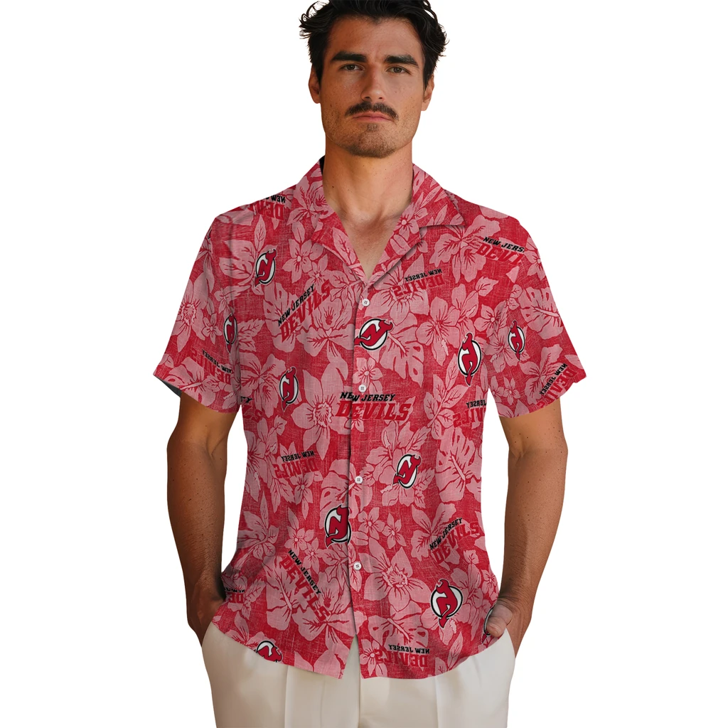 New Jersey Devils Hawaiian Shirt - Hibiscus Oasis new jersey devils hibiscus oasis red hawaiian shirts fashion forward