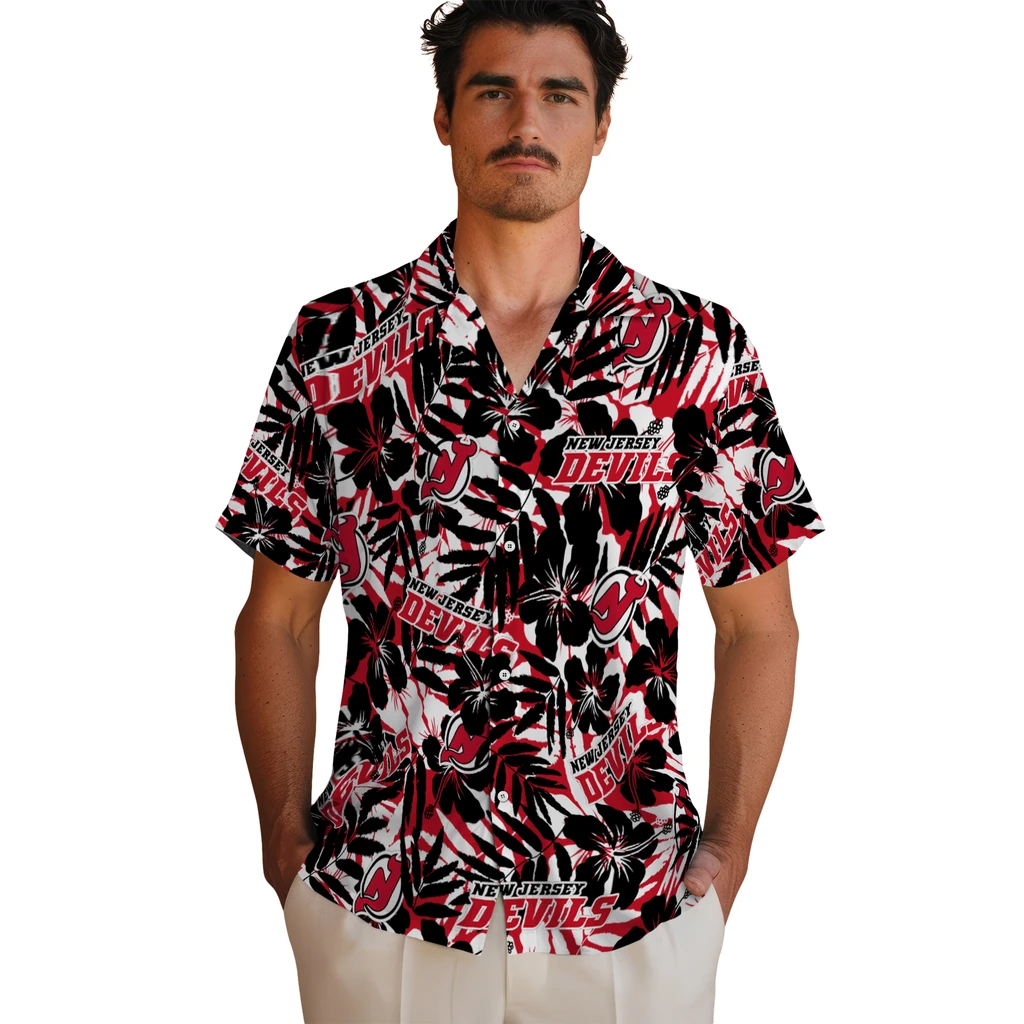 New Jersey Devils Hawaiian Shirt - Hibiscus Overlay new jersey devils hibiscus overlay hawaiian shirts fashion forward