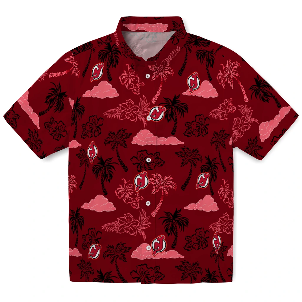 New Jersey Devils Hawaiian Shirt - Palm And Clouds new jersey devils palm and clouds red hawaiian shirts best selling