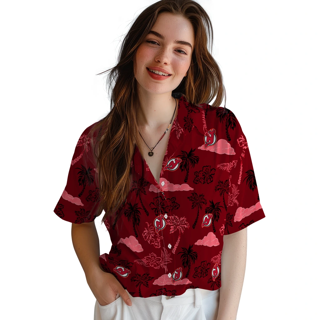 New Jersey Devils Hawaiian Shirt - Palm And Clouds new jersey devils palm and clouds red hawaiian shirts latest model