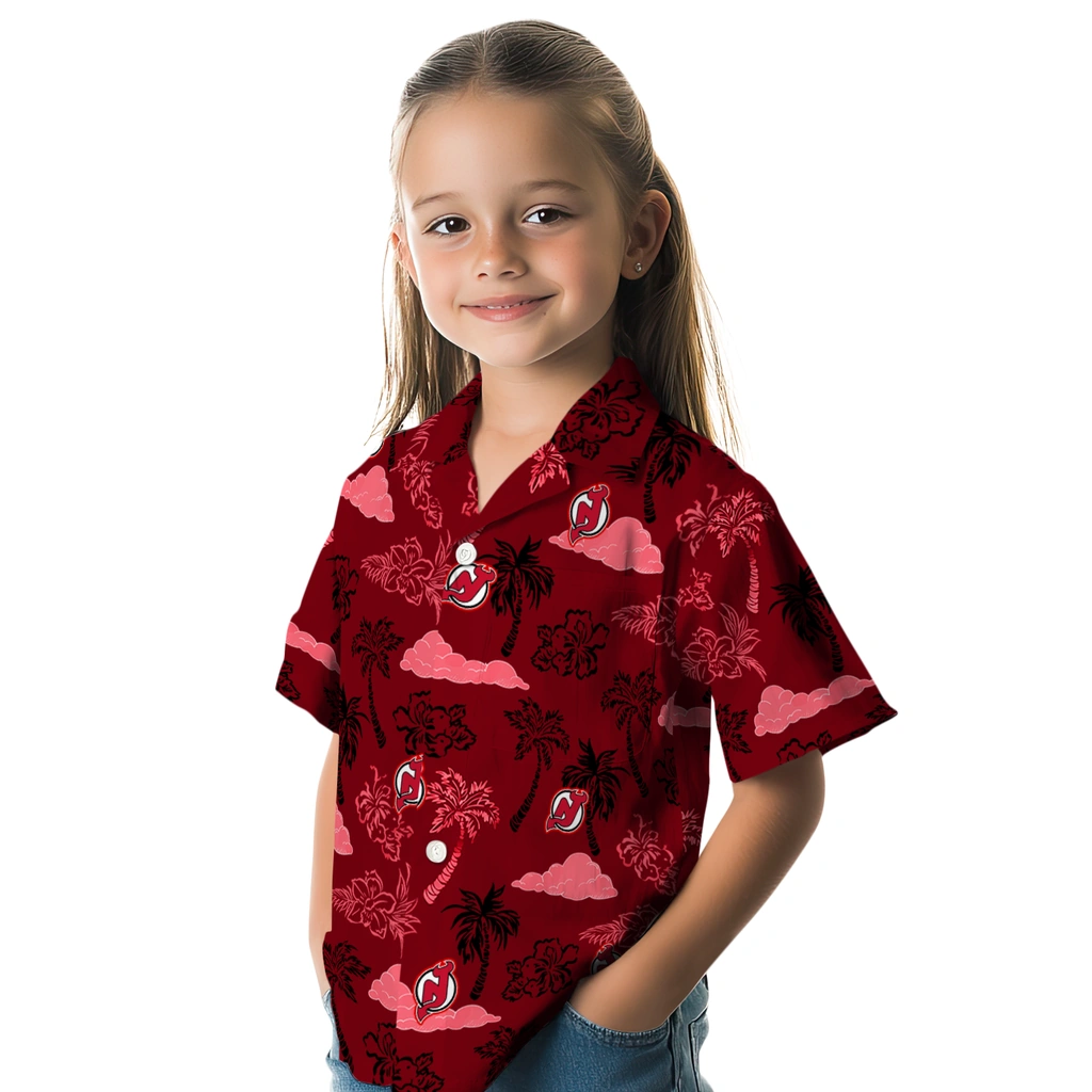 New Jersey Devils Hawaiian Shirt - Palm And Clouds new jersey devils palm and clouds red hawaiian shirts premium grade