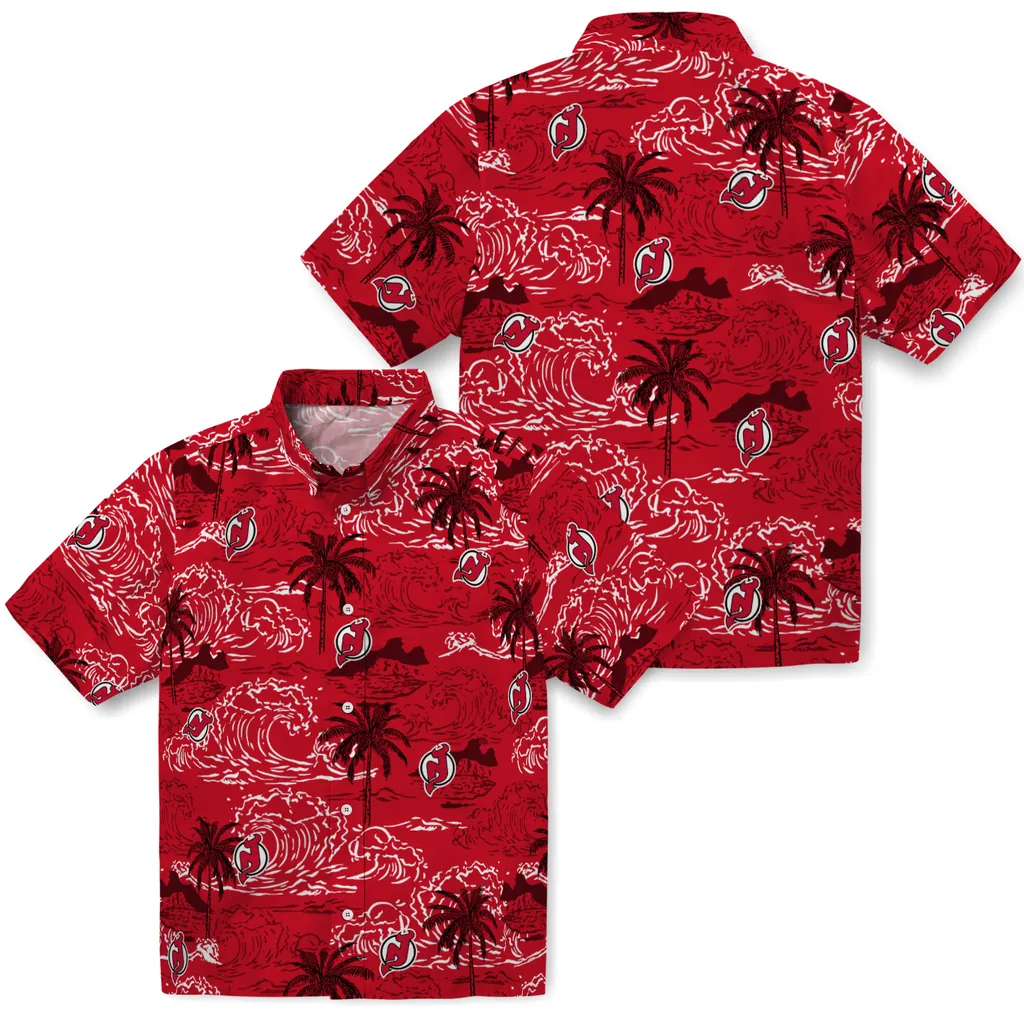 New Jersey Devils Hawaiian Shirt - Wave Palm new jersey devils wave palm red hawaiian shirts high quality