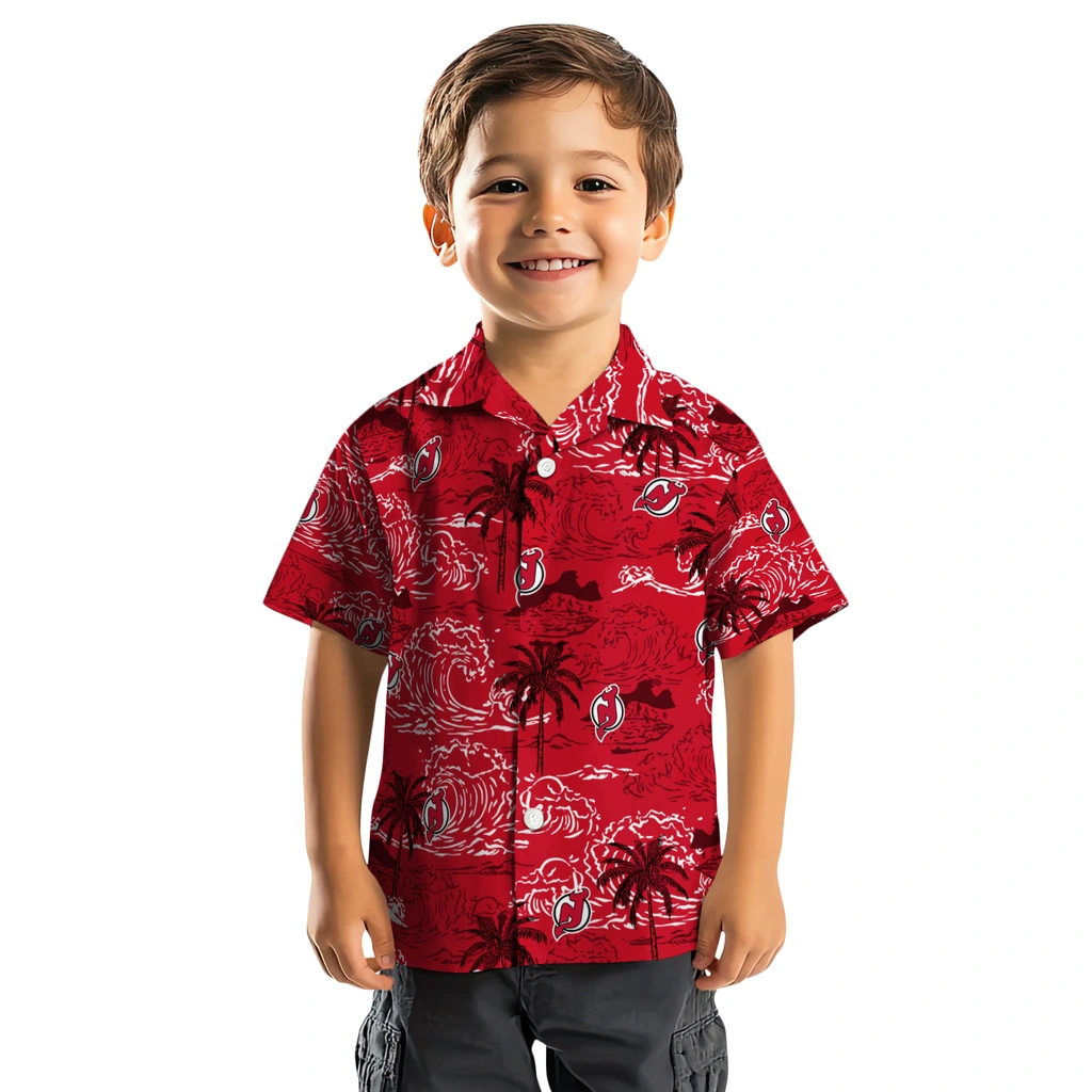 New Jersey Devils Hawaiian Shirt - Wave Palm new jersey devils wave palm red hawaiian shirts top rated