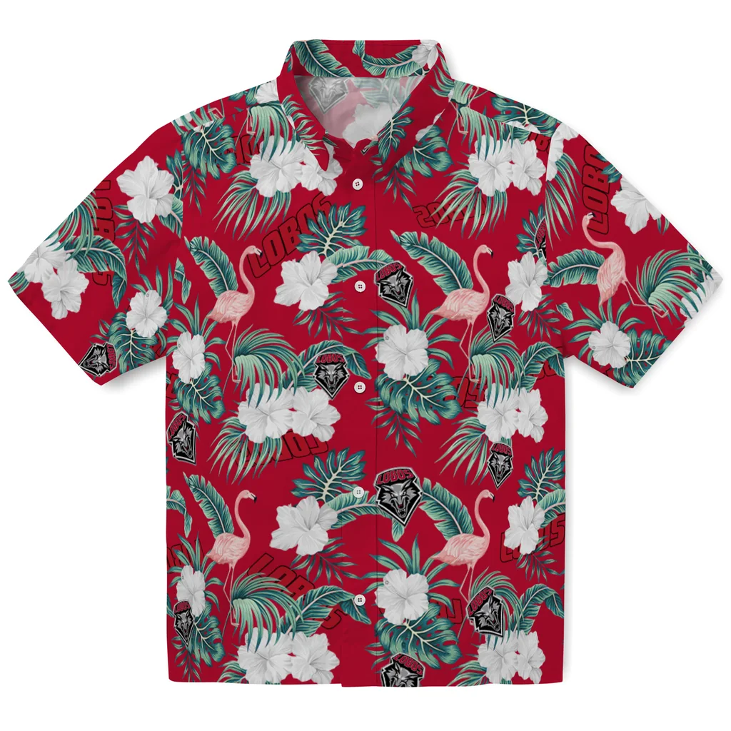New Mexico Lobos Hawaiian Shirt - Flamingo and Hibiscus new mexico lobos flamingo palms red hawaiian shirts best selling
