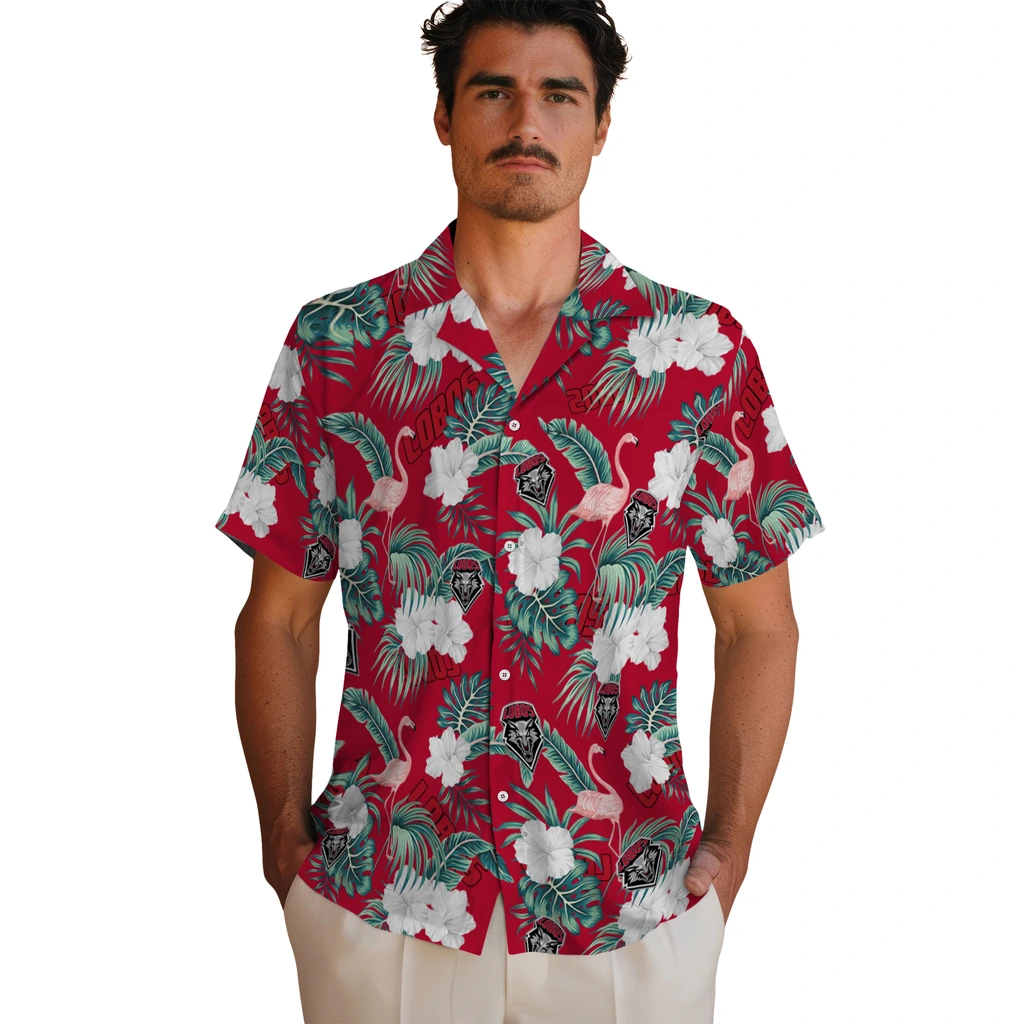 New Mexico Lobos Hawaiian Shirt - Flamingo and Hibiscus new mexico lobos flamingo palms red hawaiian shirts fashion forward