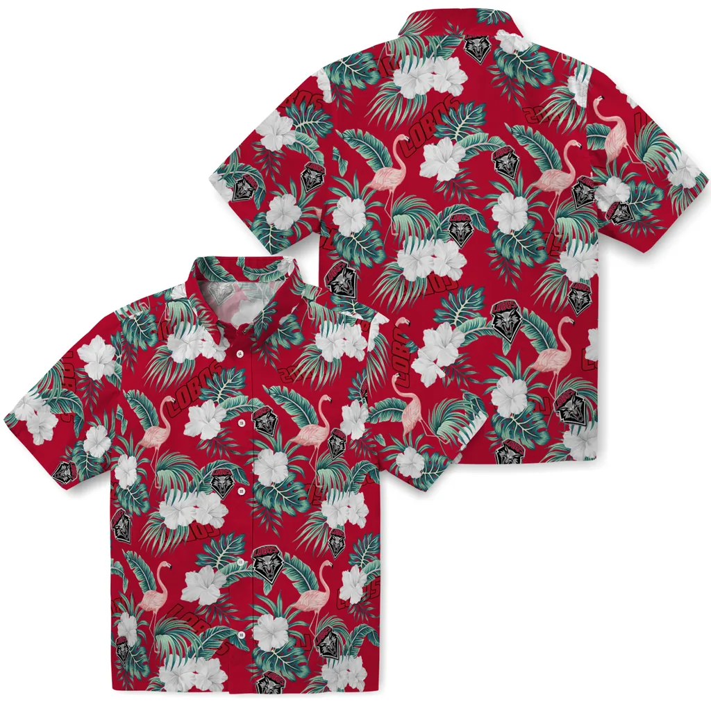 New Mexico Lobos Hawaiian Shirt - Flamingo and Hibiscus new mexico lobos flamingo palms red hawaiian shirts high quality