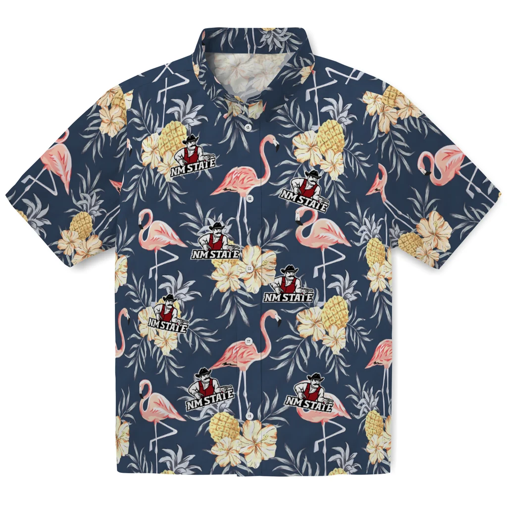New Mexico State Aggies Hawaiian Shirt - Flamingo Hibiscus new mexico state aggies flamingo hibiscus navy hawaiian shirts best selling