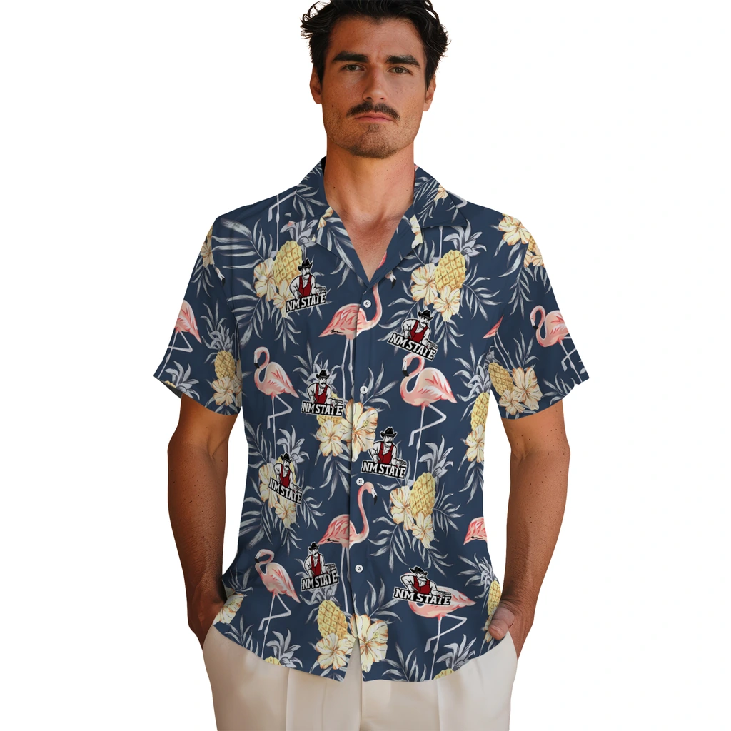 New Mexico State Aggies Hawaiian Shirt - Flamingo Hibiscus new mexico state aggies flamingo hibiscus navy hawaiian shirts fashion forward