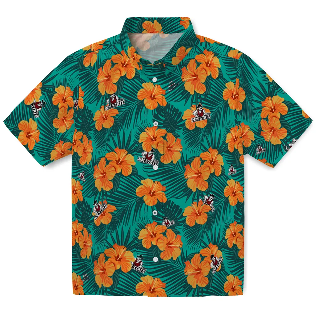 New Mexico State Aggies Hawaiian Shirt - Hibiscus and Palm Leaves new mexico state aggies hibiscus escape green hawaiian shirts best selling