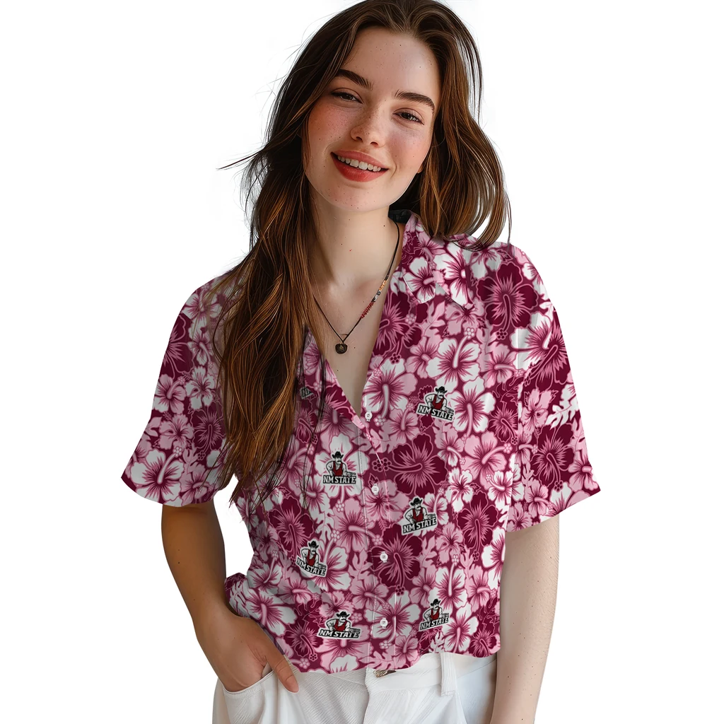 New Mexico State Aggies Hawaiian Shirt - Hibiscus Blooms new mexico state aggies hibiscus blooms crimson hawaiian shirts latest model