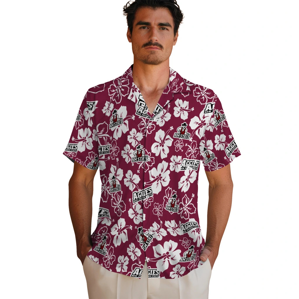 New Mexico State Aggies Hawaiian Shirt - Hibiscus Flower Design new mexico state aggies hibiscus bloom crimson hawaiian shirts fashion forward