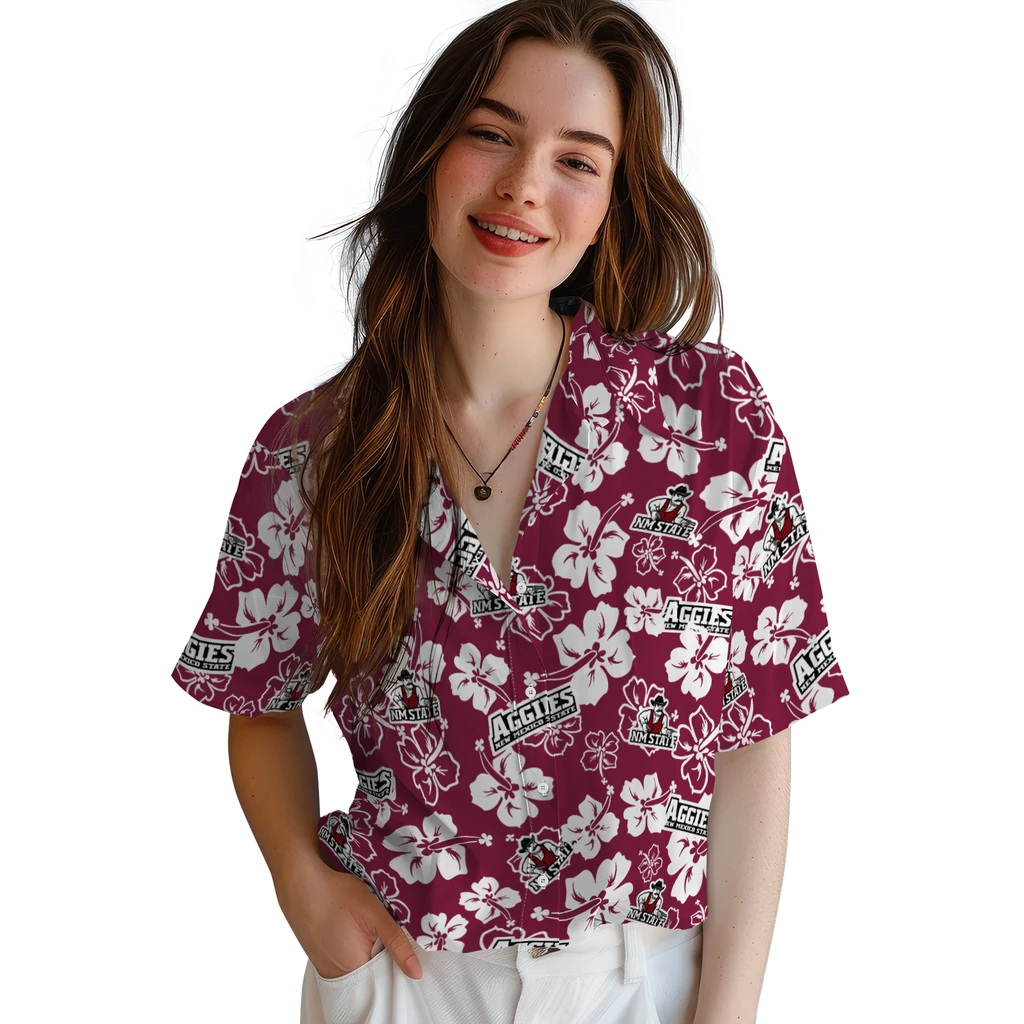 New Mexico State Aggies Hawaiian Shirt - Hibiscus Flower Design new mexico state aggies hibiscus bloom crimson hawaiian shirts latest model