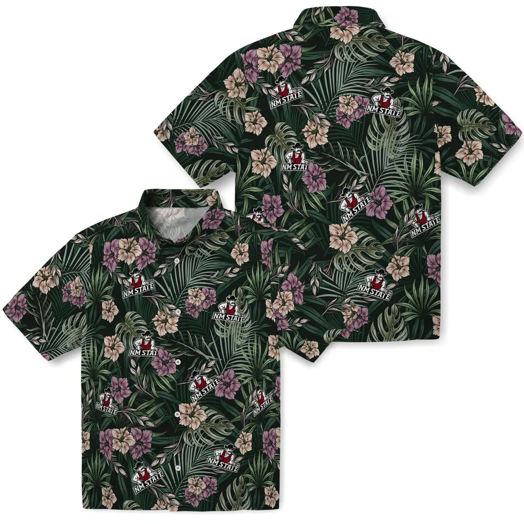 New Mexico State Aggies Hawaiian Shirt - Hibiscus Leaves Pattern new mexico state aggies hibiscus leaves pattern green hawaiian shirts high quality