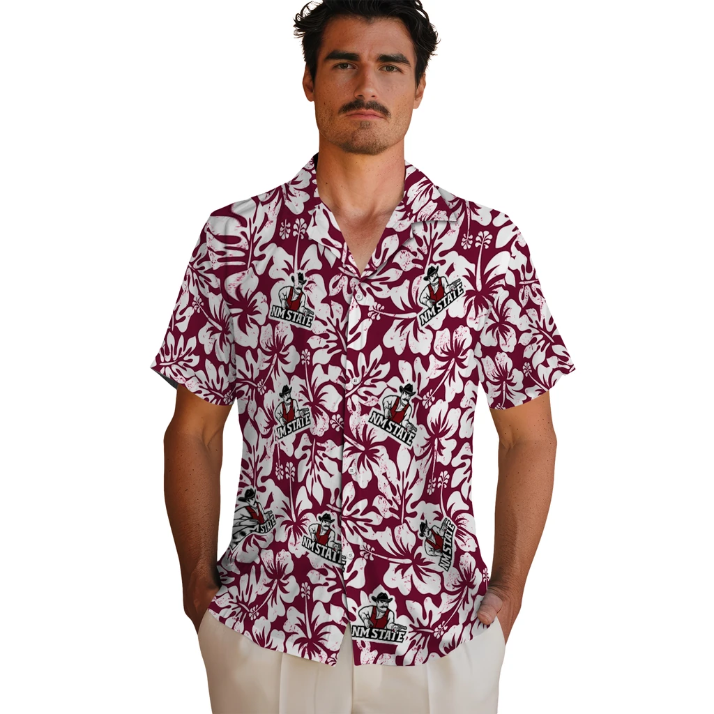New Mexico State Aggies Hawaiian Shirt - Hibiscus Motif new mexico state aggies hibiscus motif crimson white hawaiian shirts fashion forward