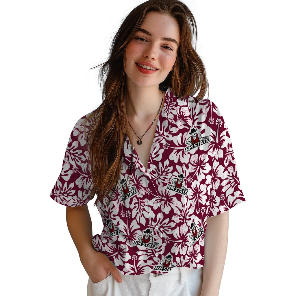 New Mexico State Aggies Hawaiian Shirt - Hibiscus Motif new mexico state aggies hibiscus motif crimson white hawaiian shirts latest model