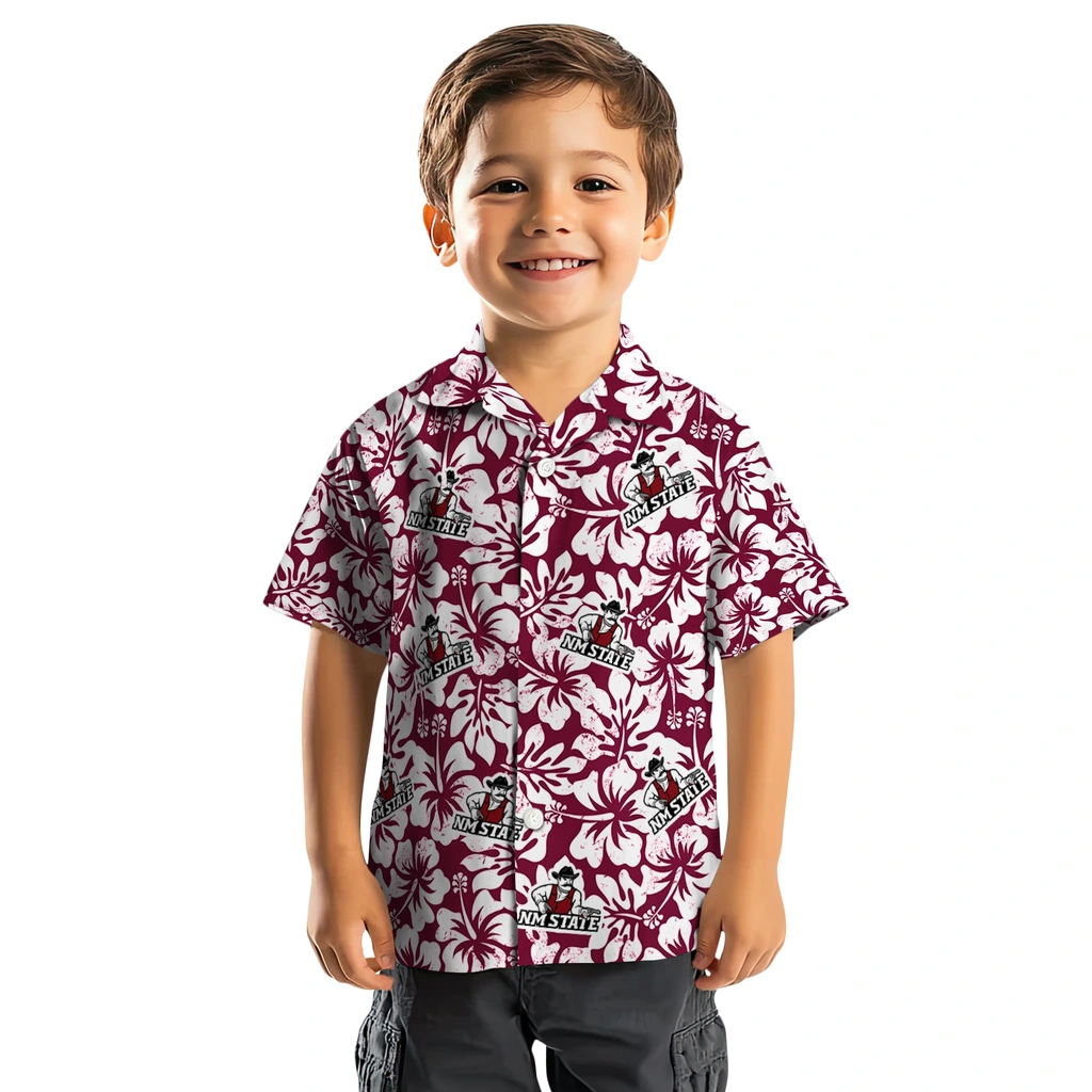 New Mexico State Aggies Hawaiian Shirt - Hibiscus Motif new mexico state aggies hibiscus motif crimson white hawaiian shirts top rated