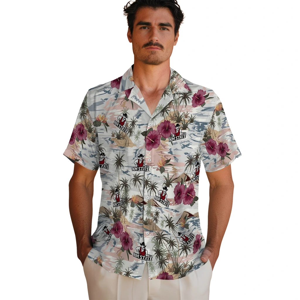 New Mexico State Aggies Hawaiian Shirt - Hibiscus Seaside new mexico state aggies hibiscus seaside white hawaiian shirts fashion forward