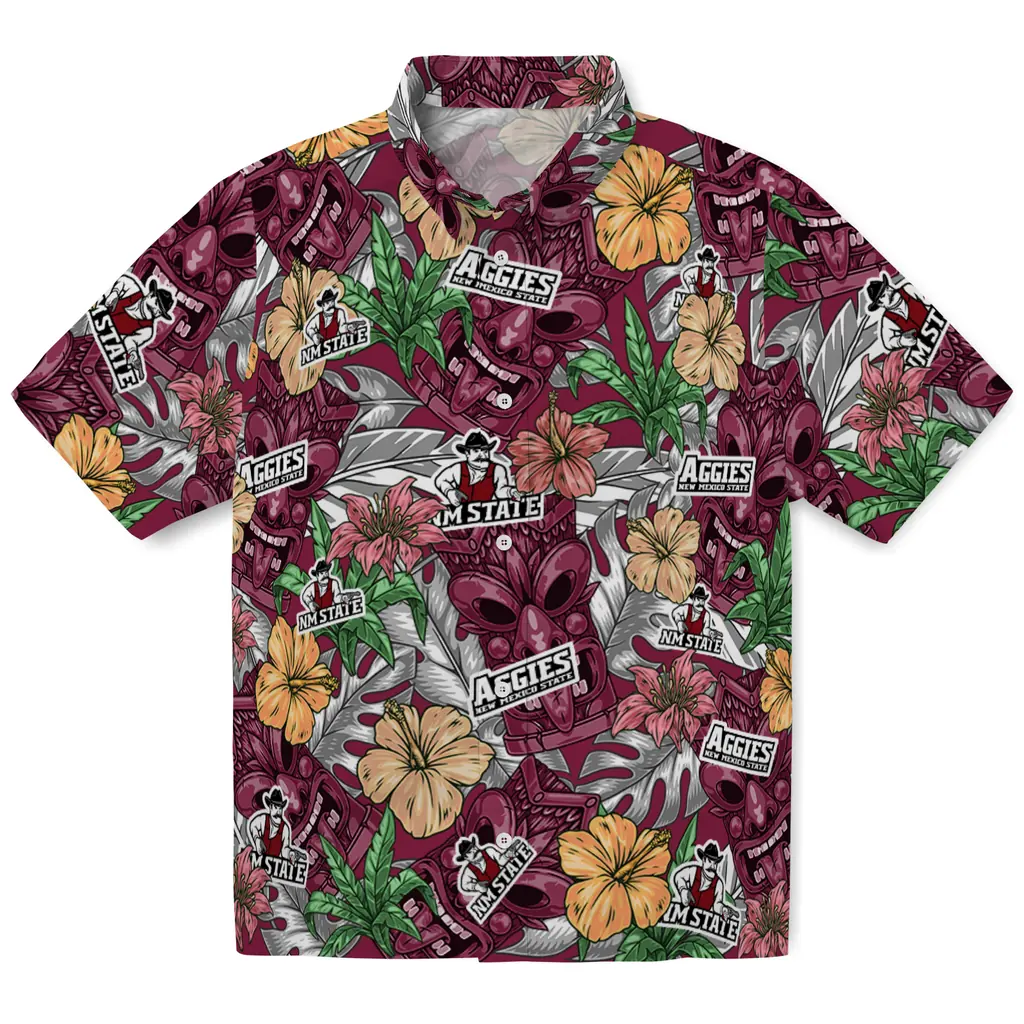 New Mexico State Aggies Hawaiian Shirt - Hibiscus Tiki Jungle new mexico state aggies tiki jungle crimson hawaiian shirts best selling