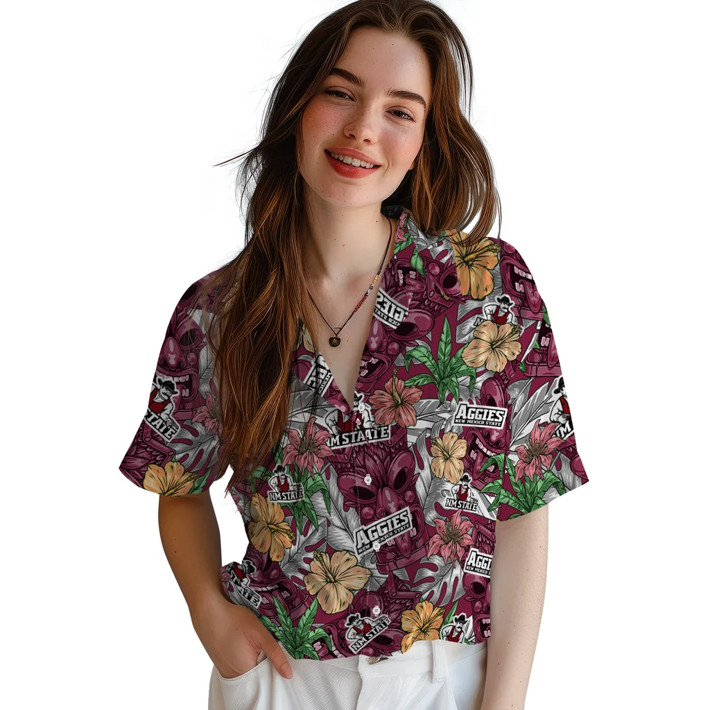 New Mexico State Aggies Hawaiian Shirt - Hibiscus Tiki Jungle new mexico state aggies tiki jungle crimson hawaiian shirts latest model