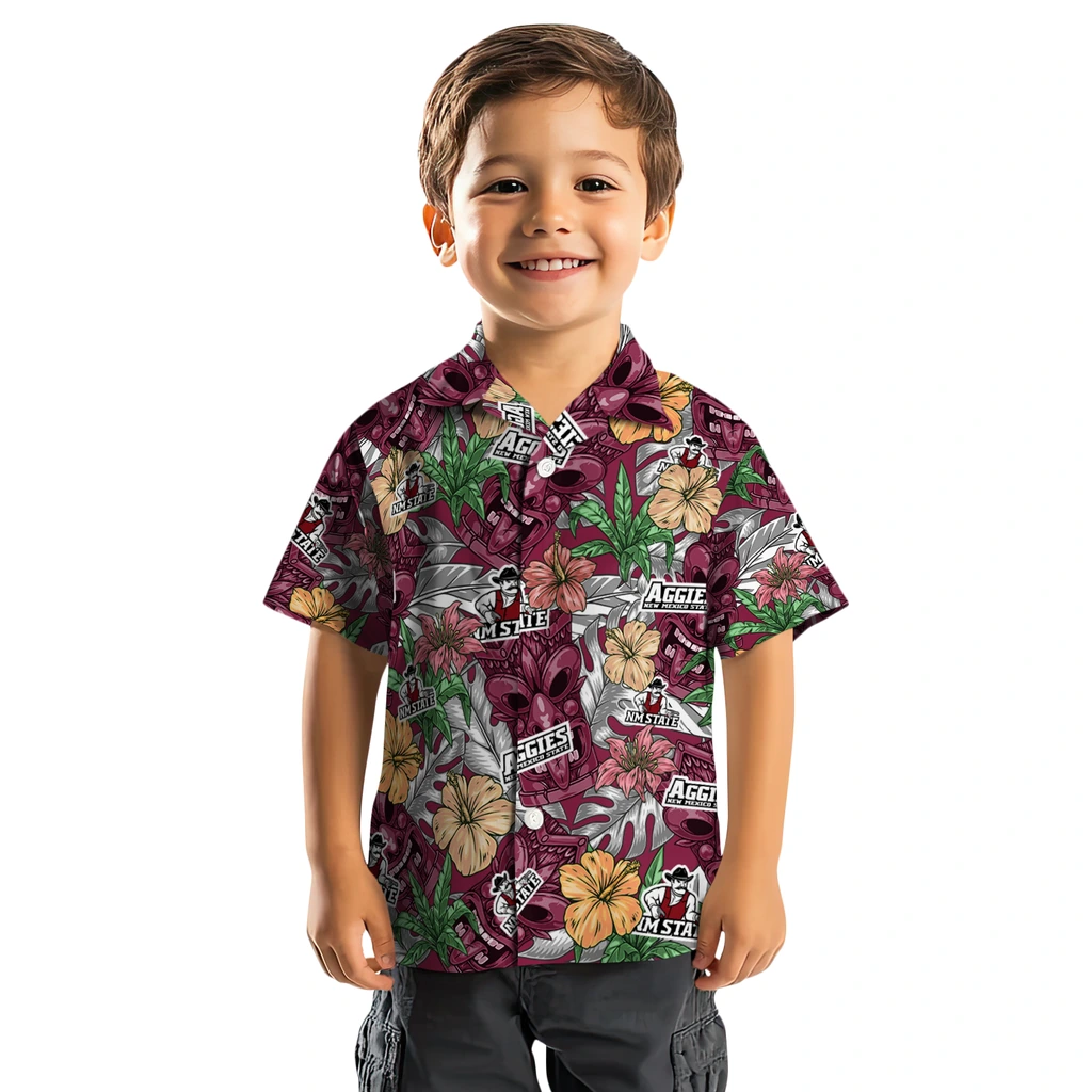 New Mexico State Aggies Hawaiian Shirt - Hibiscus Tiki Jungle new mexico state aggies tiki jungle crimson hawaiian shirts top rated