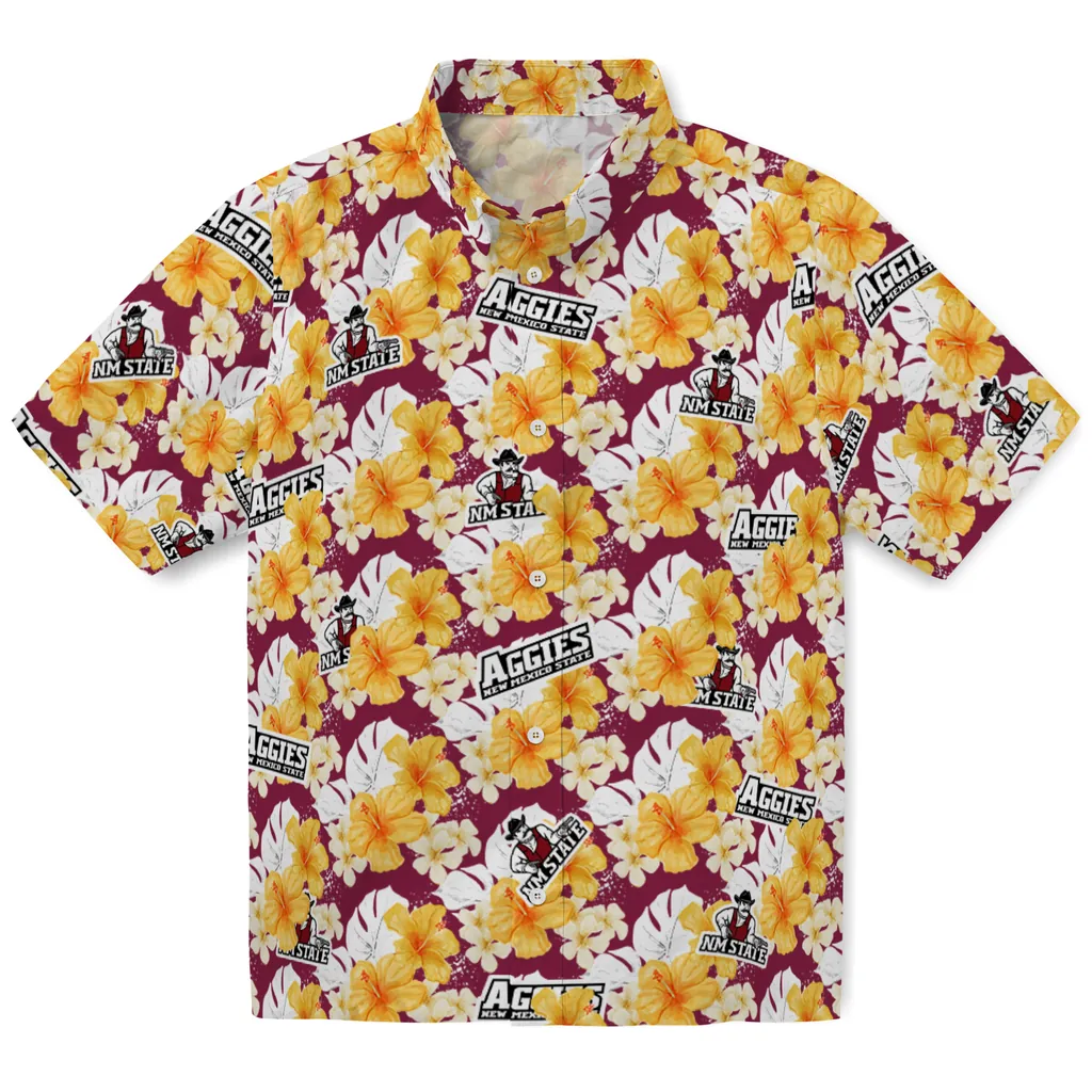 New Mexico State Aggies Hawaiian Shirt - Hibiscus Tropics new mexico state aggies hibiscus tropics crimson yellow hawaiian shirts best selling