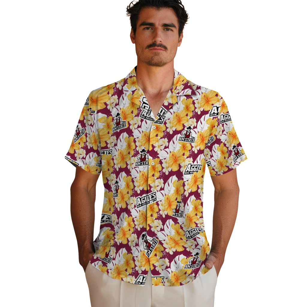 New Mexico State Aggies Hawaiian Shirt - Hibiscus Tropics new mexico state aggies hibiscus tropics crimson yellow hawaiian shirts fashion forward