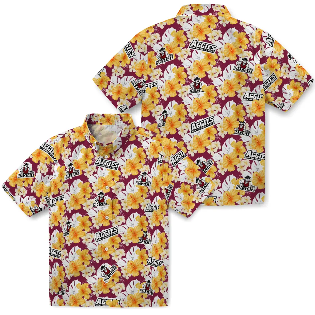 New Mexico State Aggies Hawaiian Shirt - Hibiscus Tropics new mexico state aggies hibiscus tropics crimson yellow hawaiian shirts high quality