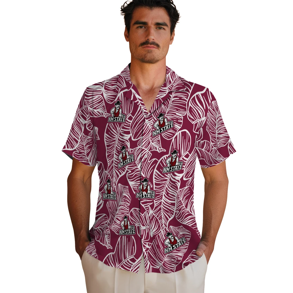 New Mexico State Aggies Hawaiian Shirt - Leaf Outline new mexico state aggies leaf outline crimson hawaiian shirts fashion forward
