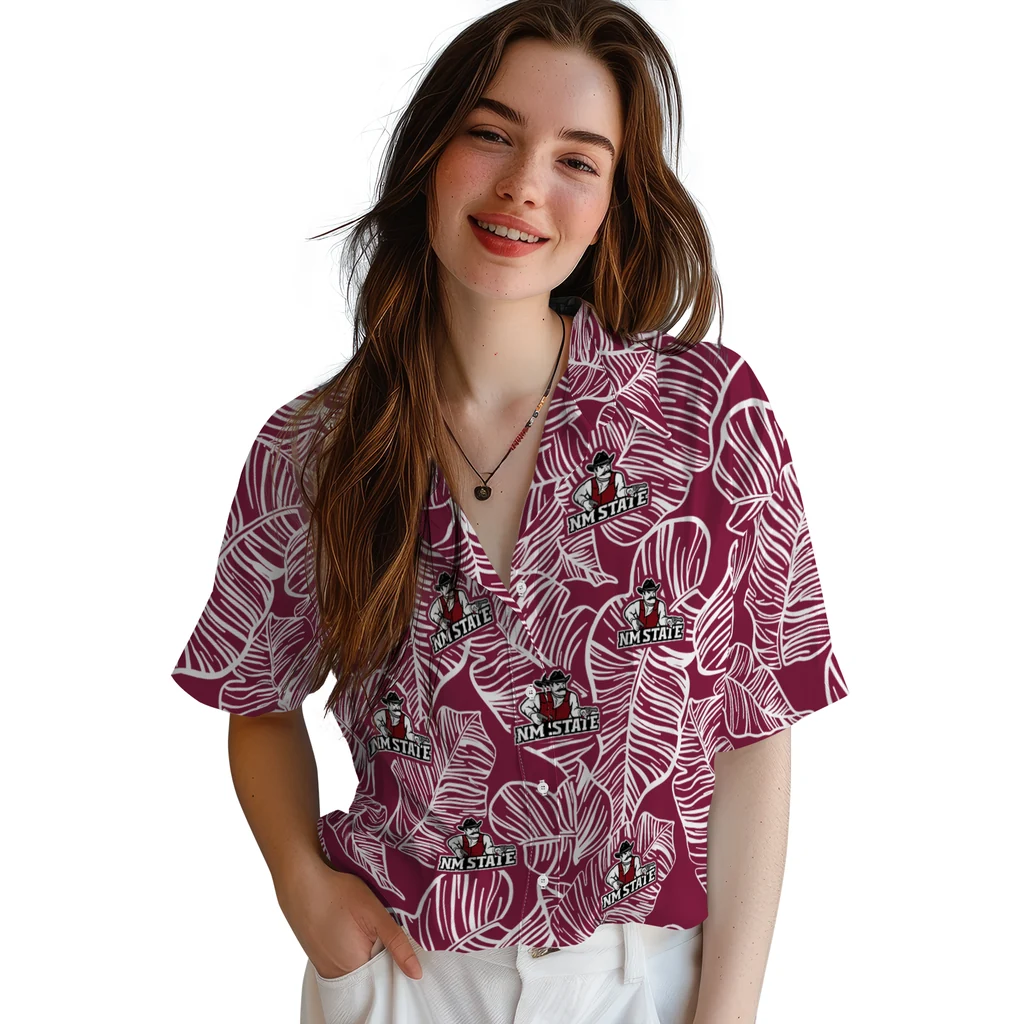 New Mexico State Aggies Hawaiian Shirt - Leaf Outline new mexico state aggies leaf outline crimson hawaiian shirts latest model