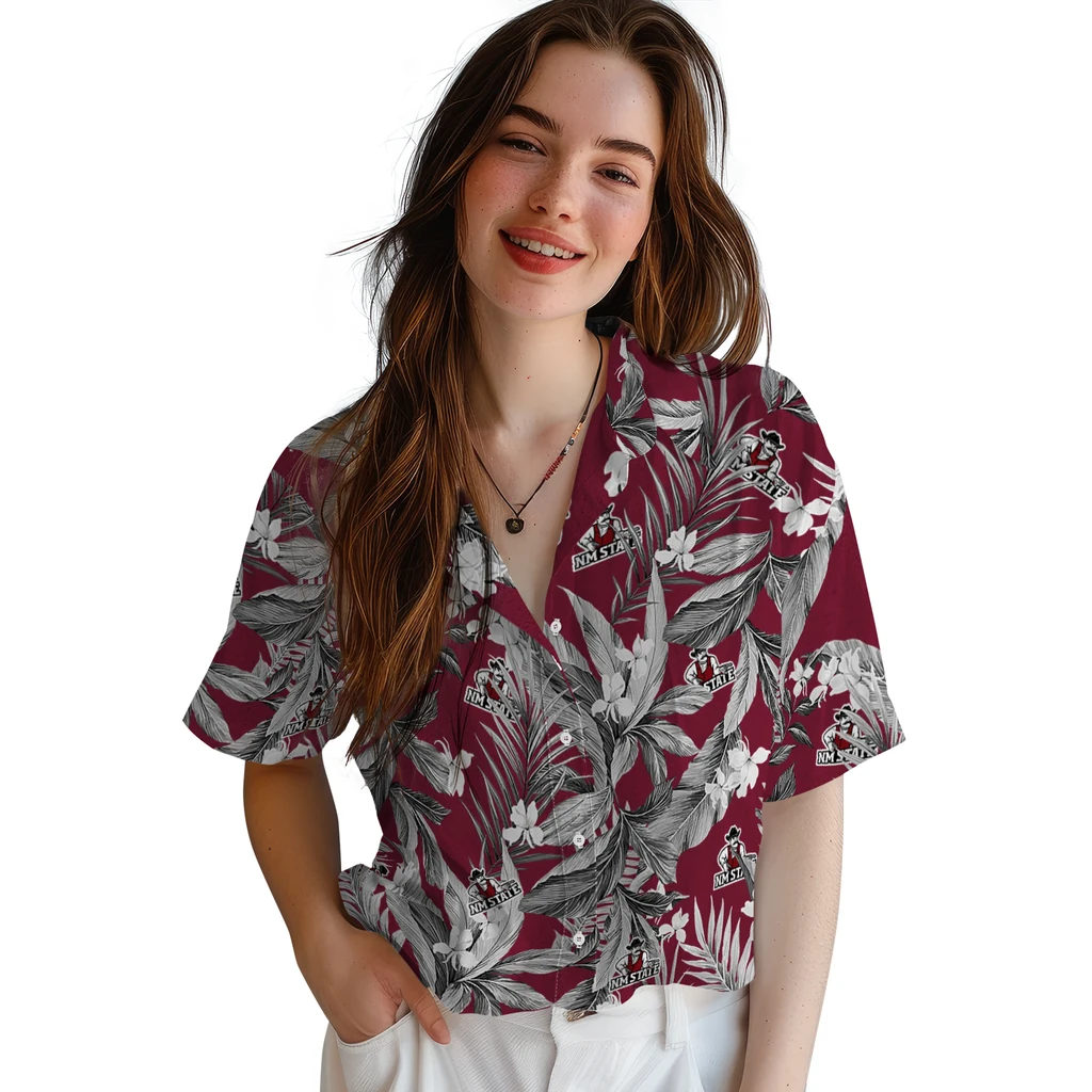New Mexico State Aggies Hawaiian Shirt - Palm Leaves new mexico state aggies palm leaves crimson hawaiian shirts latest model