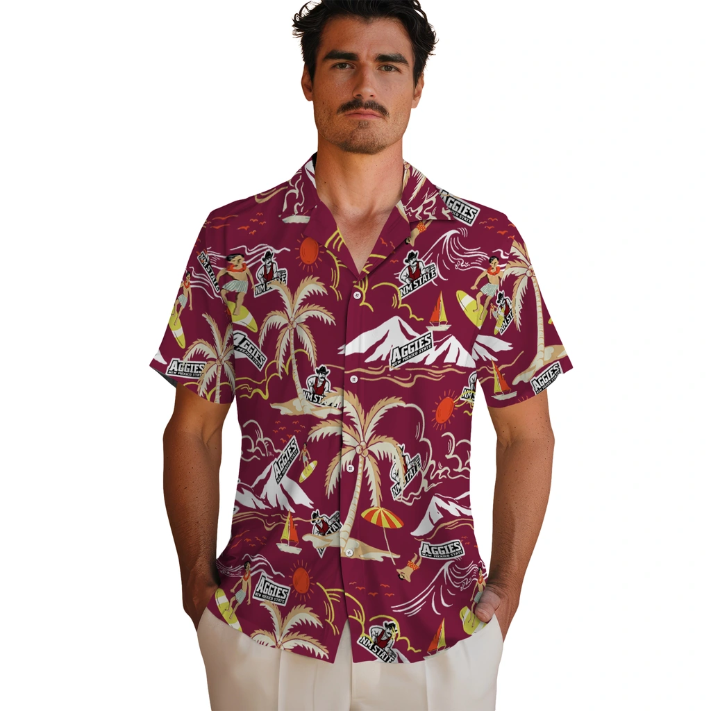 New Mexico State Aggies Hawaiian Shirt - Palm Tree Island new mexico state aggies palm tree island crimson hawaiian shirts fashion forward