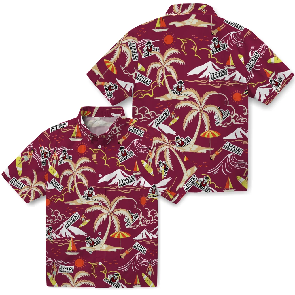 New Mexico State Aggies Hawaiian Shirt - Palm Tree Island new mexico state aggies palm tree island crimson hawaiian shirts high quality