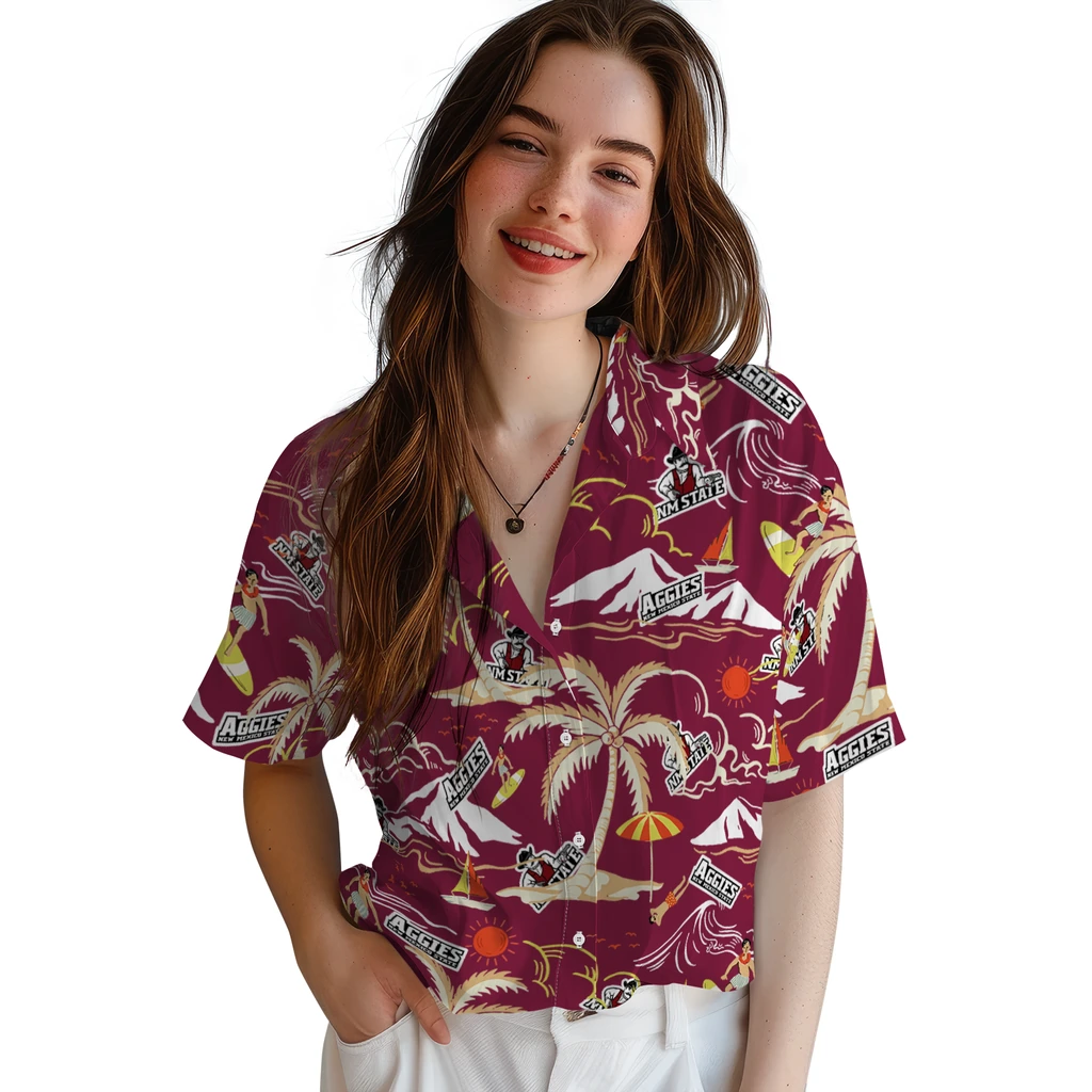 New Mexico State Aggies Hawaiian Shirt - Palm Tree Island new mexico state aggies palm tree island crimson hawaiian shirts latest model