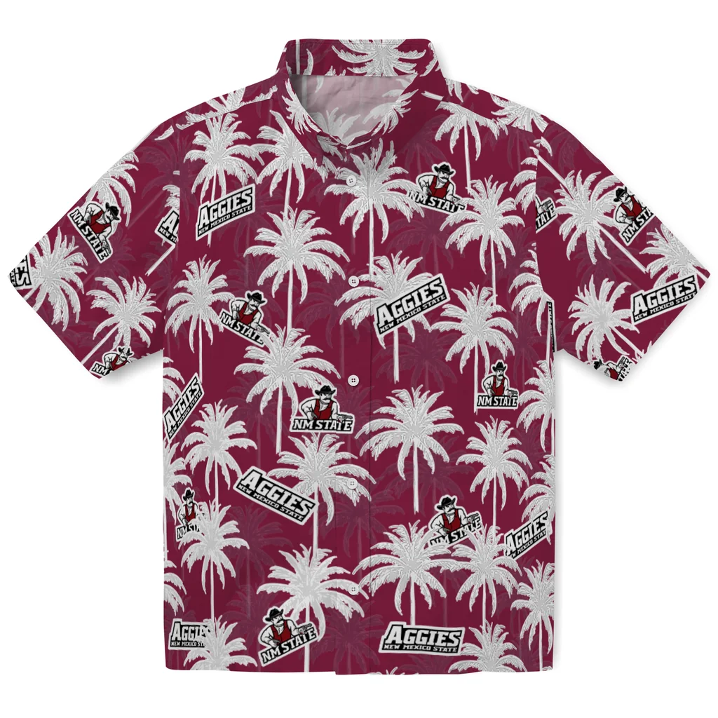 New Mexico State Aggies Hawaiian Shirt - Palm Tree Motif new mexico state aggies palm grove crimson hawaiian shirts best selling