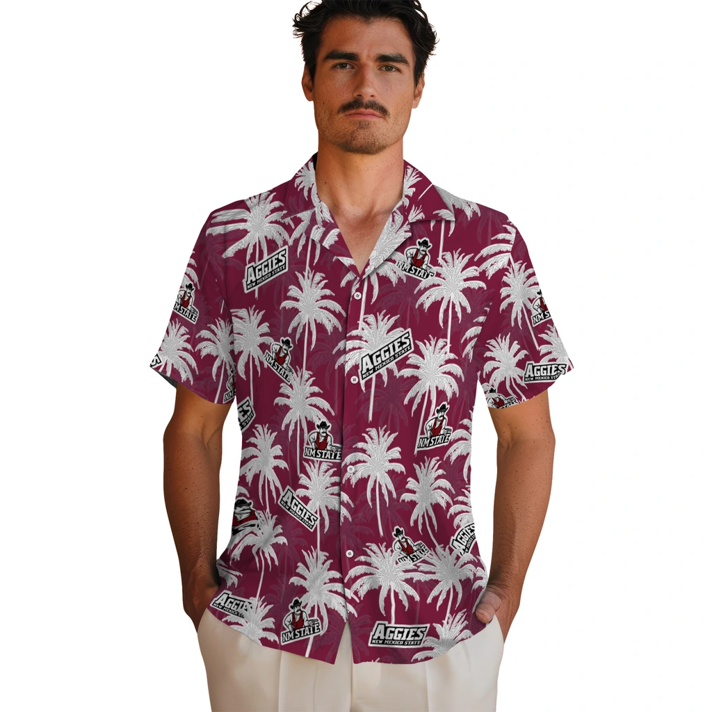 New Mexico State Aggies Hawaiian Shirt - Palm Tree Motif new mexico state aggies palm grove crimson hawaiian shirts fashion forward