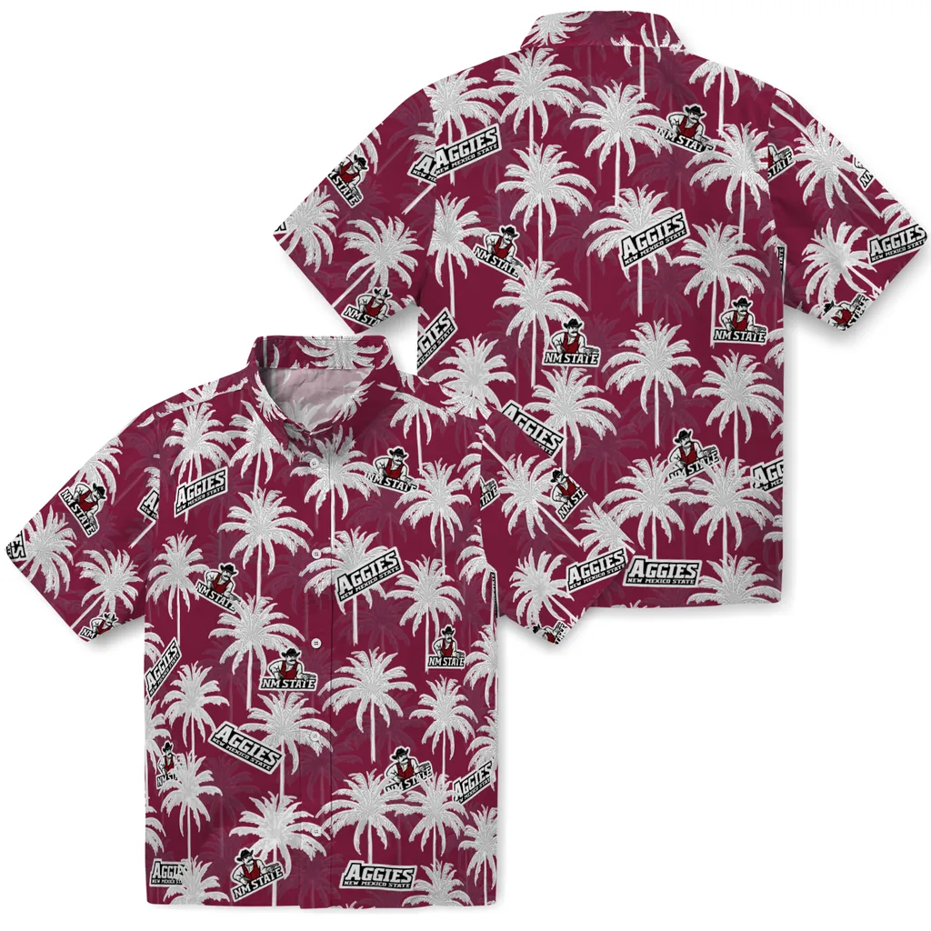New Mexico State Aggies Hawaiian Shirt - Palm Tree Motif new mexico state aggies palm grove crimson hawaiian shirts high quality