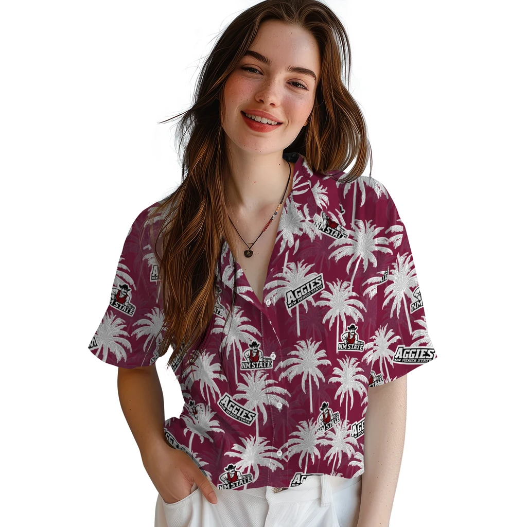 New Mexico State Aggies Hawaiian Shirt - Palm Tree Motif new mexico state aggies palm grove crimson hawaiian shirts latest model