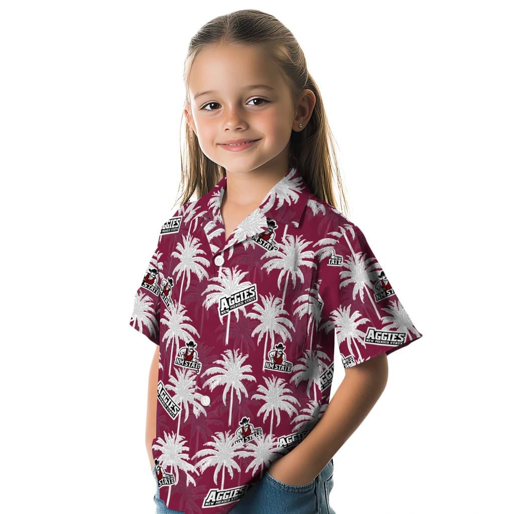New Mexico State Aggies Hawaiian Shirt - Palm Tree Motif new mexico state aggies palm grove crimson hawaiian shirts premium grade