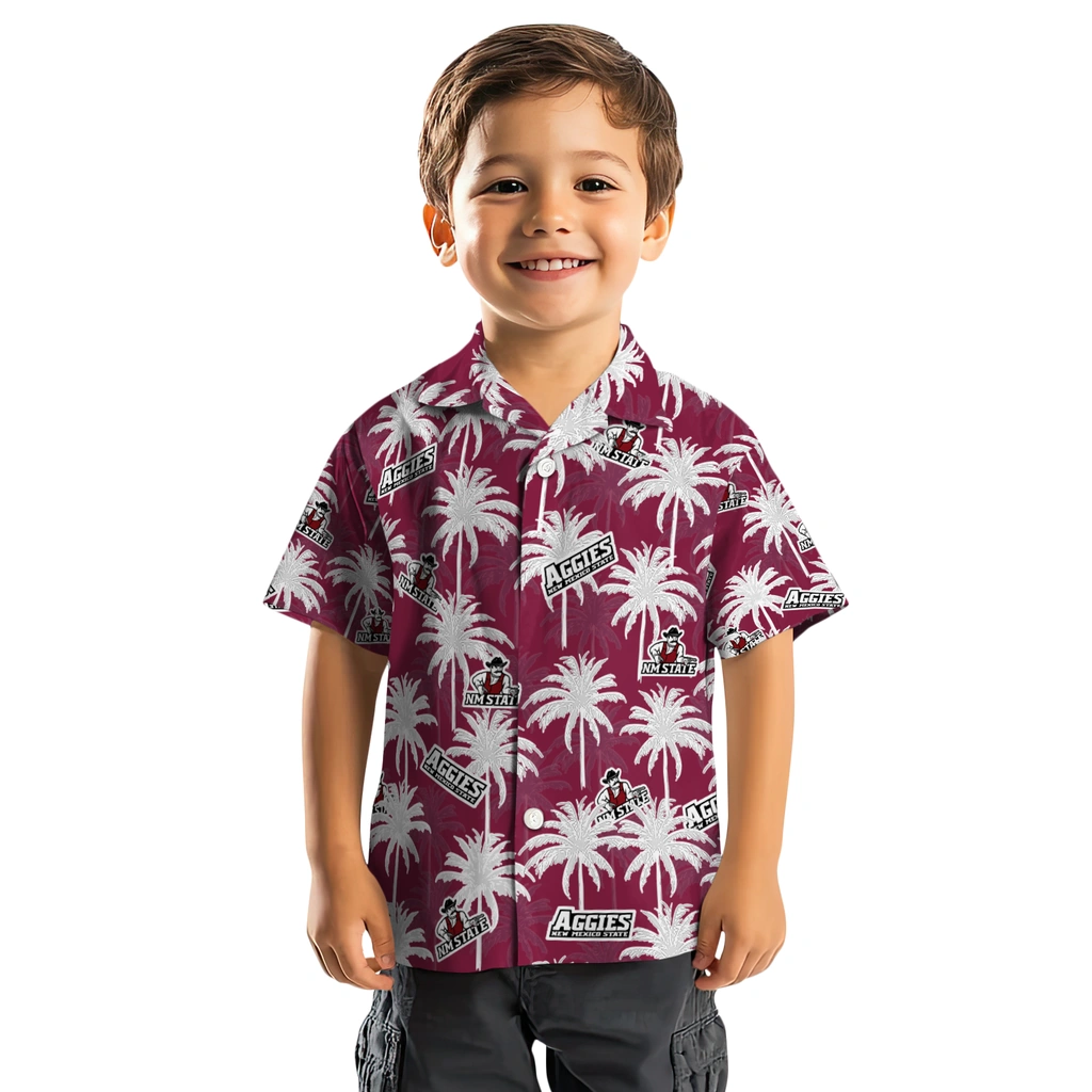 New Mexico State Aggies Hawaiian Shirt - Palm Tree Motif new mexico state aggies palm grove crimson hawaiian shirts top rated