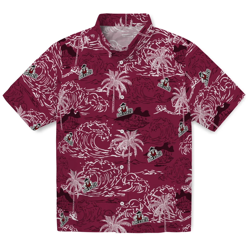 New Mexico State Aggies Hawaiian Shirt - Wave Palm new mexico state aggies wave palm crimson hawaiian shirts best selling