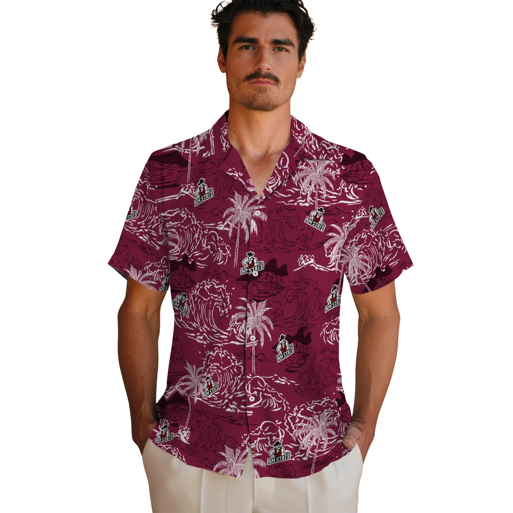 New Mexico State Aggies Hawaiian Shirt - Wave Palm new mexico state aggies wave palm crimson hawaiian shirts fashion forward