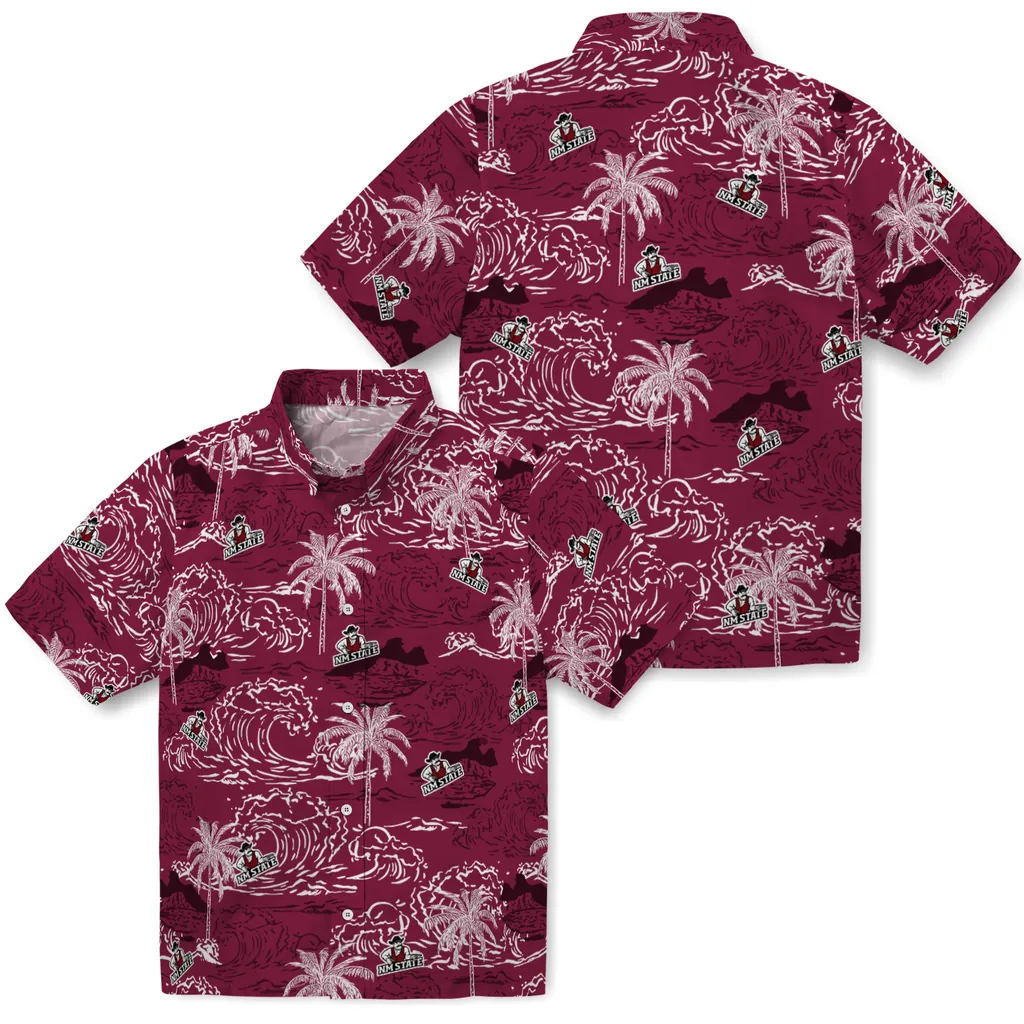 New Mexico State Aggies Hawaiian Shirt - Wave Palm new mexico state aggies wave palm crimson hawaiian shirts high quality