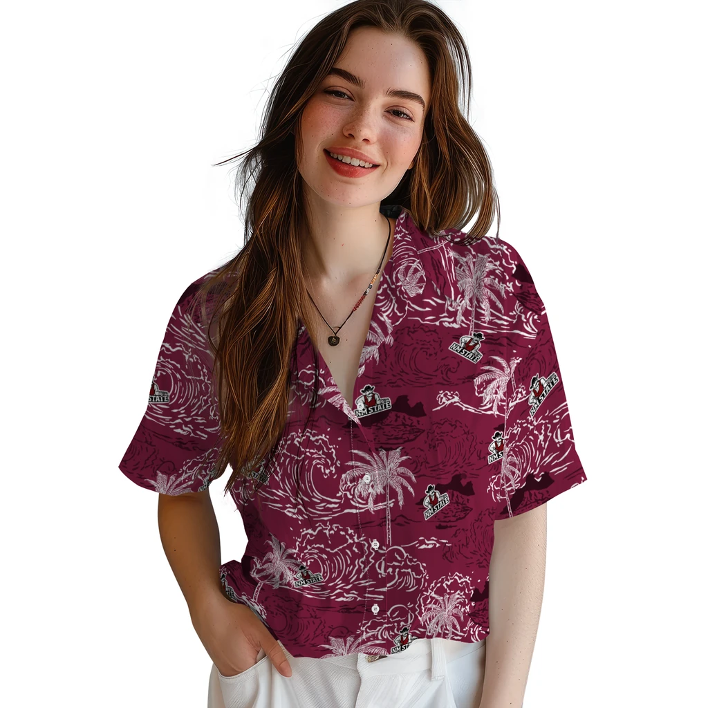 New Mexico State Aggies Hawaiian Shirt - Wave Palm new mexico state aggies wave palm crimson hawaiian shirts latest model