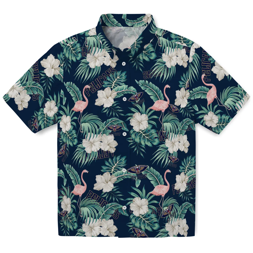 New Orleans Pelicans Hawaiian Shirt - Flamingo and Hibiscus new orleans pelicans flamingo palms navy hawaiian shirts best selling