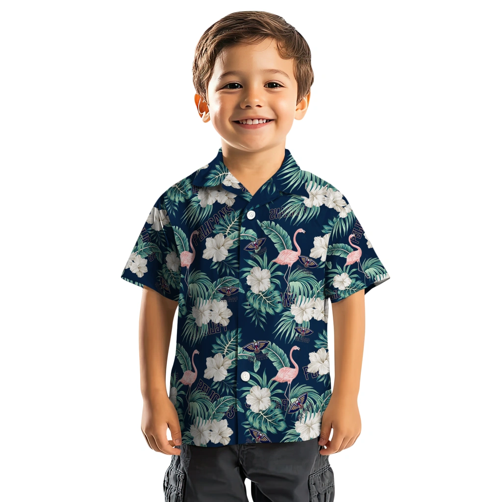 New Orleans Pelicans Hawaiian Shirt - Flamingo and Hibiscus new orleans pelicans flamingo palms navy hawaiian shirts top rated