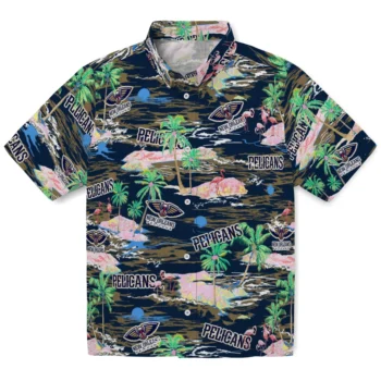 new orleans pelicans flamingo retreat navy hawaiian shirts best selling