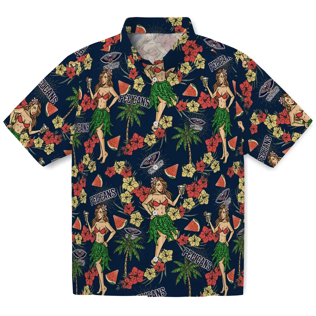 New Orleans Pelicans Hawaiian Shirt - Hawaiian Girls Design new orleans pelicans hawaiian girls design navy hawaiian shirts best selling