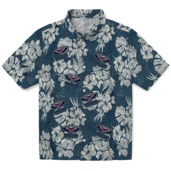 new orleans pelicans hibiscus flowers navy blue hawaiian shirts best selling