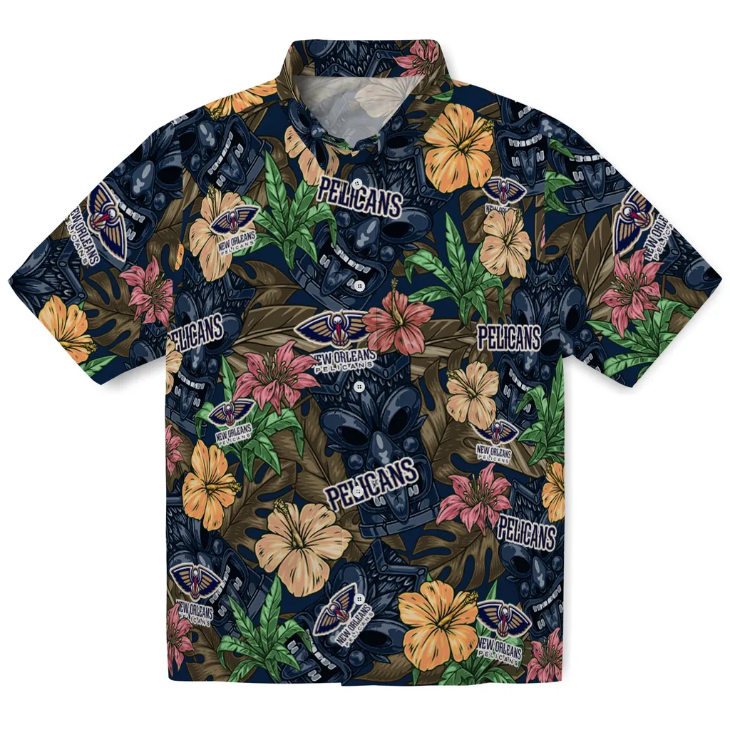 New Orleans Pelicans Hawaiian Shirt - Hibiscus Tiki Jungle new orleans pelicans tiki jungle navy hawaiian shirts best selling